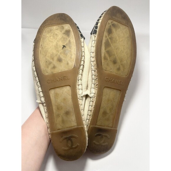 Chanel Espadrilles Canvas Cream and Black CC Logo Cotton Bi-Color Sz 41 US 9/10 - Picture 9 of 11